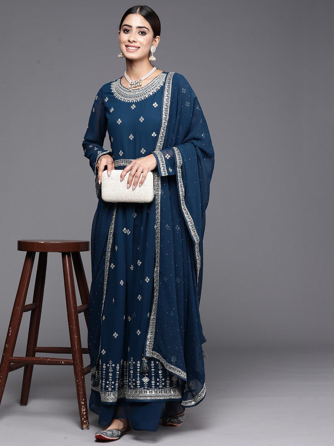 Teal Embroidered Georgette A-Line Kurta With Palazzos & Dupatta