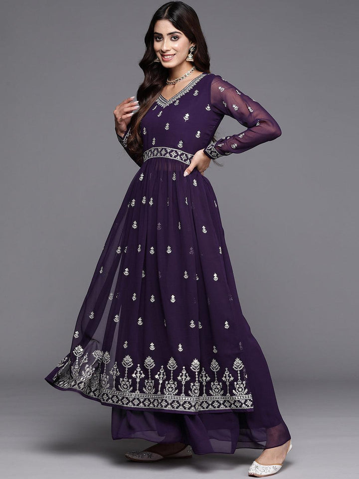 Purple Embroidered Georgette A-Line Kurta With Palazzos & Dupatta - ShopLibas