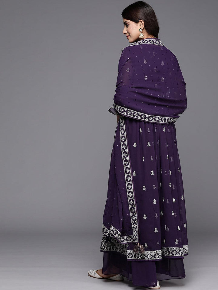 Purple Embroidered Georgette A-Line Kurta With Palazzos & Dupatta - ShopLibas