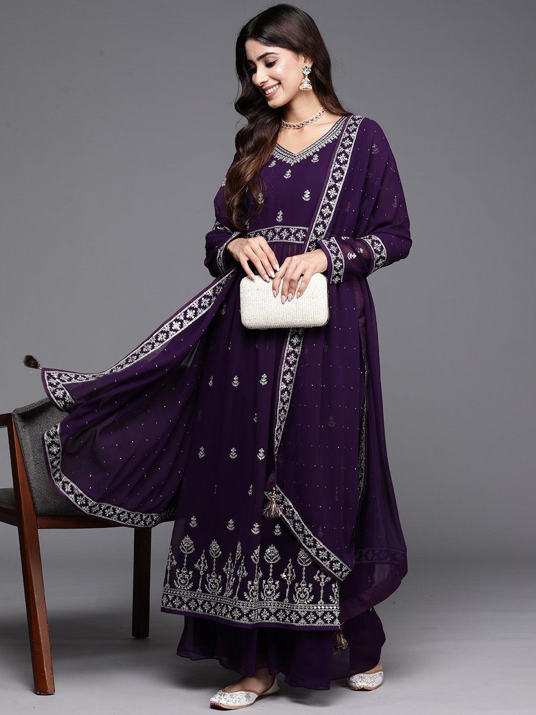 Purple Embroidered Georgette A-Line Kurta With Palazzos & Dupatta - ShopLibas