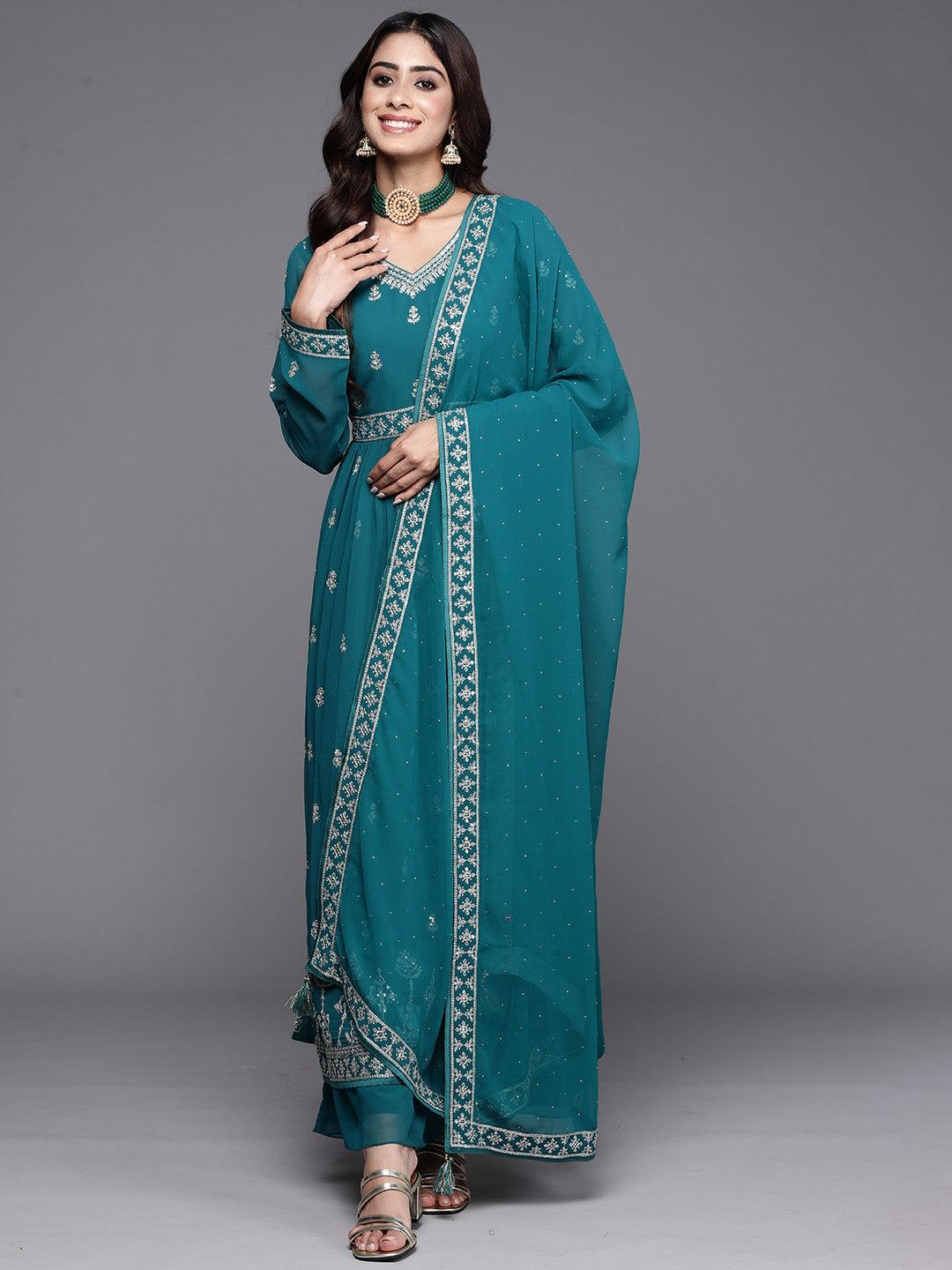 Turquoise Embroidered Georgette A-Line Kurta With Palazzos & Dupatta