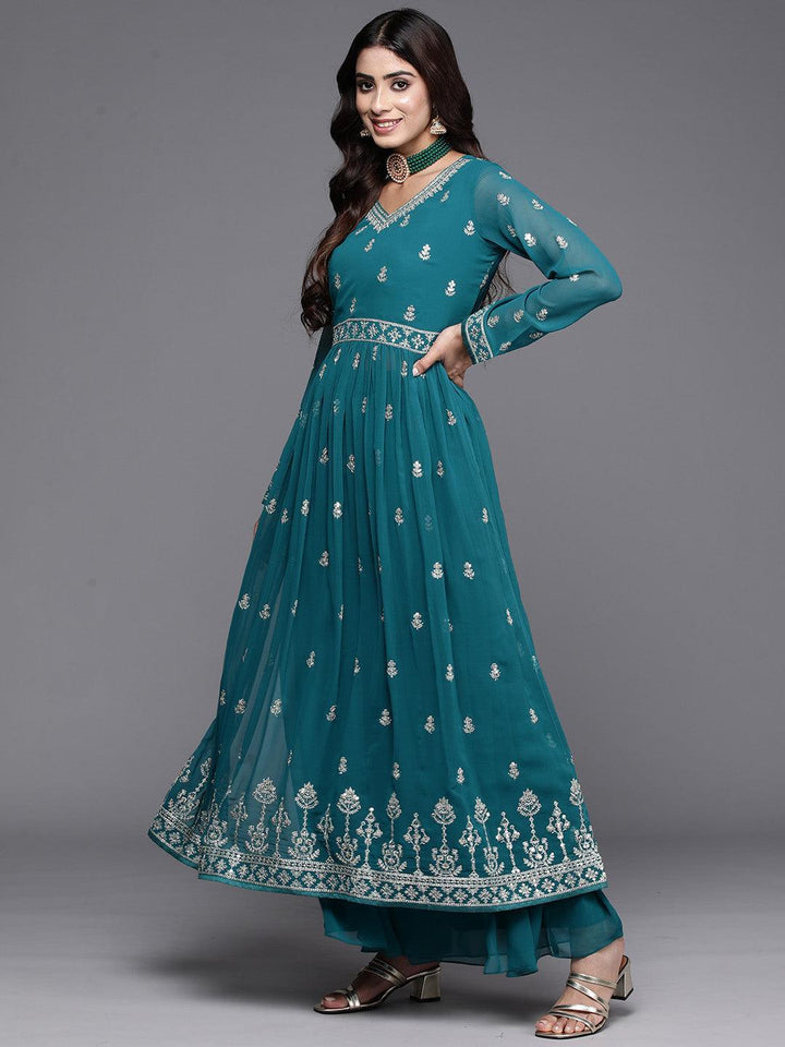 Turquoise Embroidered Georgette A-Line Kurta With Palazzos & Dupatta - ShopLibas