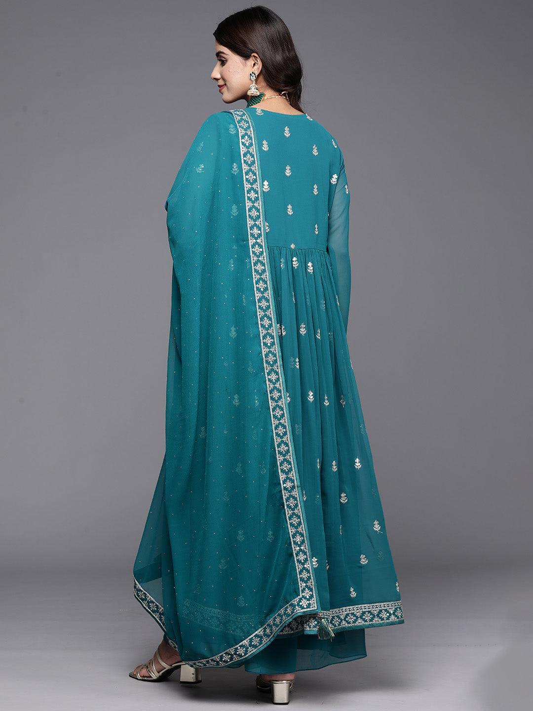 Turquoise Embroidered Georgette A-Line Kurta With Palazzos & Dupatta