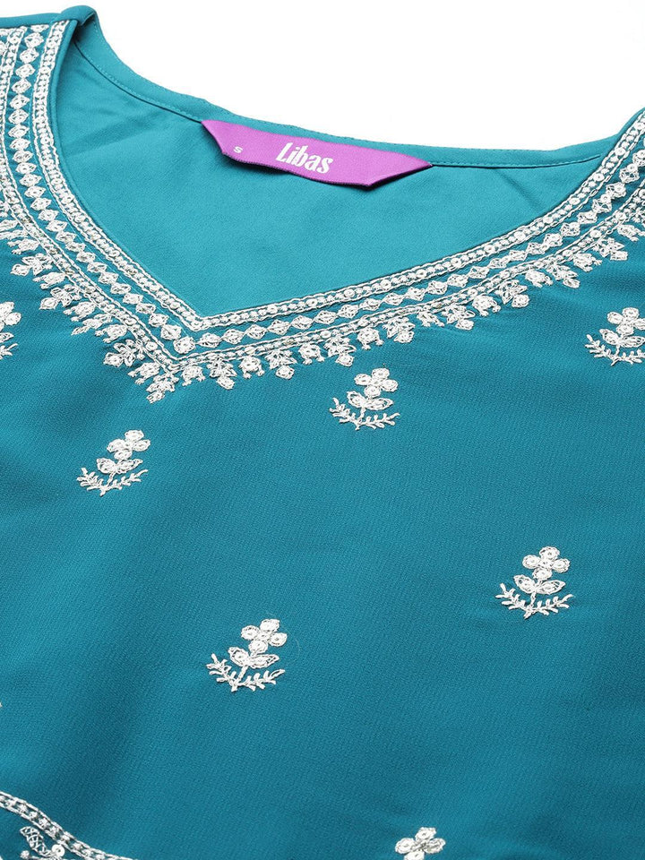 Turquoise Embroidered Georgette A-Line Kurta With Palazzos & Dupatta - ShopLibas