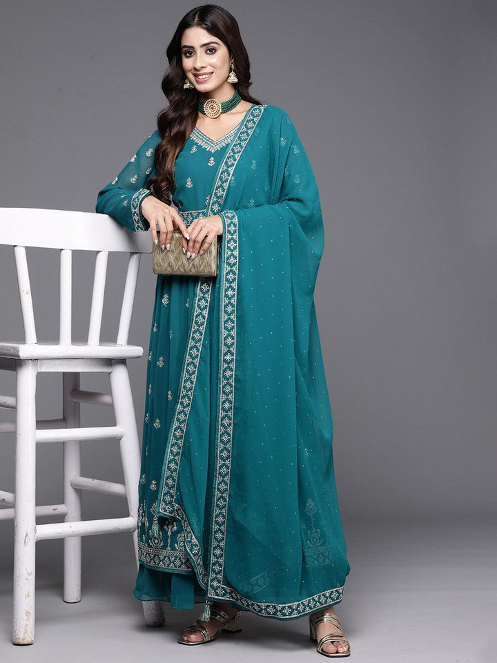 Turquoise Embroidered Georgette A-Line Kurta With Palazzos & Dupatta - ShopLibas