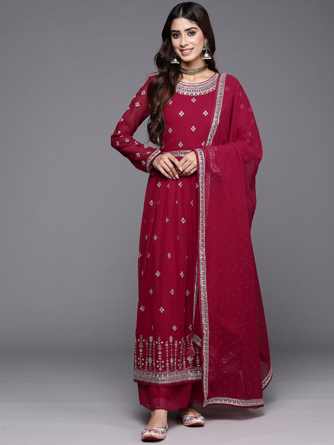 Red Embroidered Georgette A-Line Kurta With Palazzos & Dupatta - ShopLibas