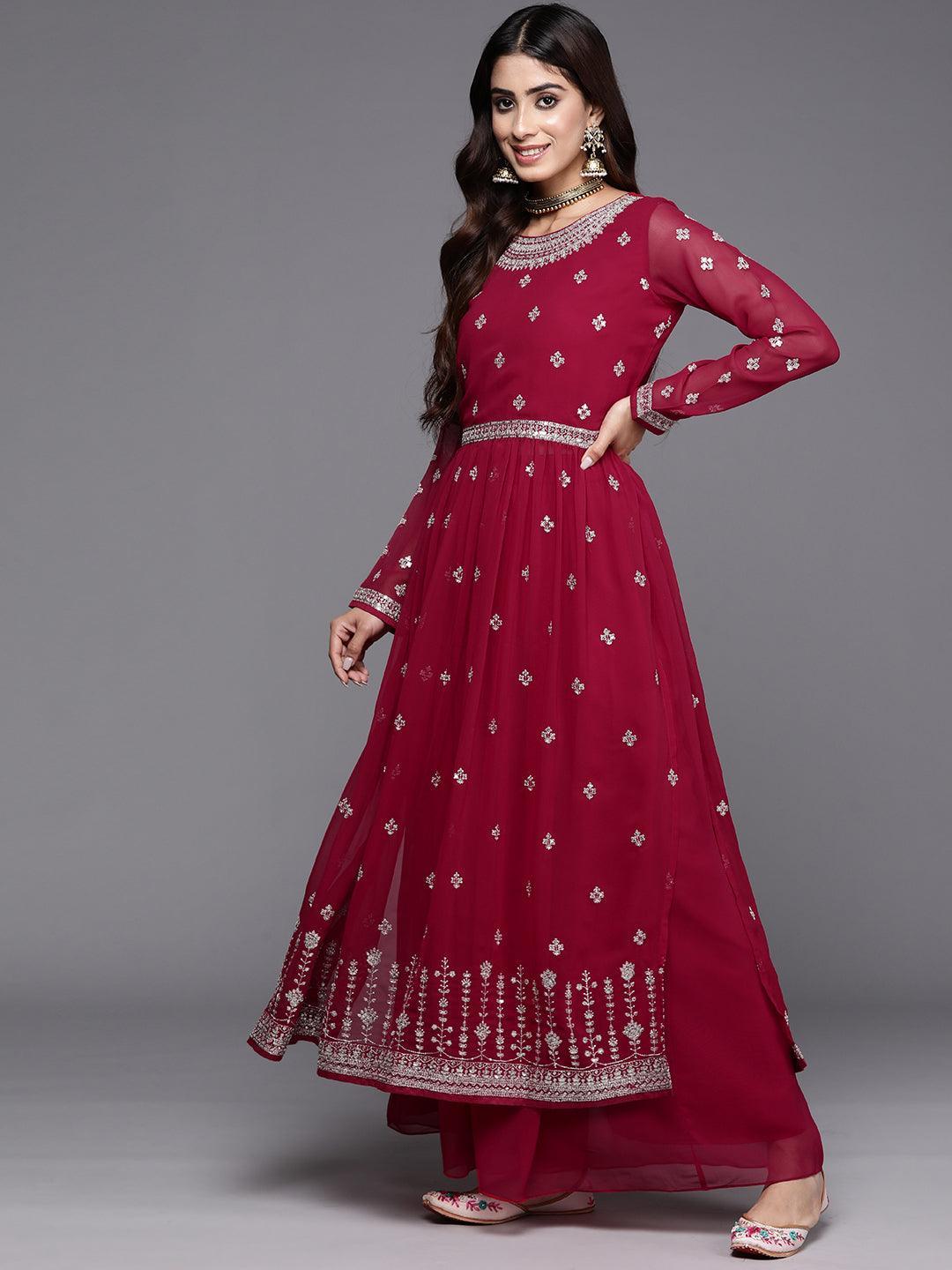 Red Embroidered Georgette A-Line Kurta With Palazzos & Dupatta - ShopLibas