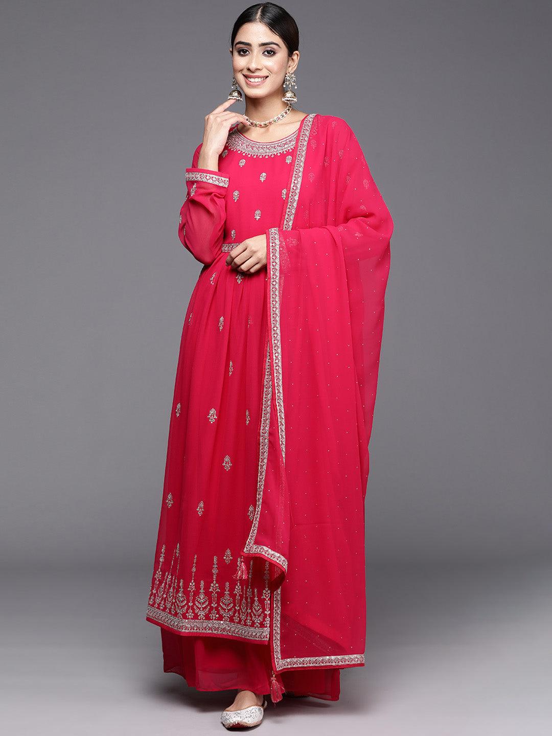 Hot Pink Embroidered Georgette A-Line Kurta With Palazzos & Dupatta - ShopLibas