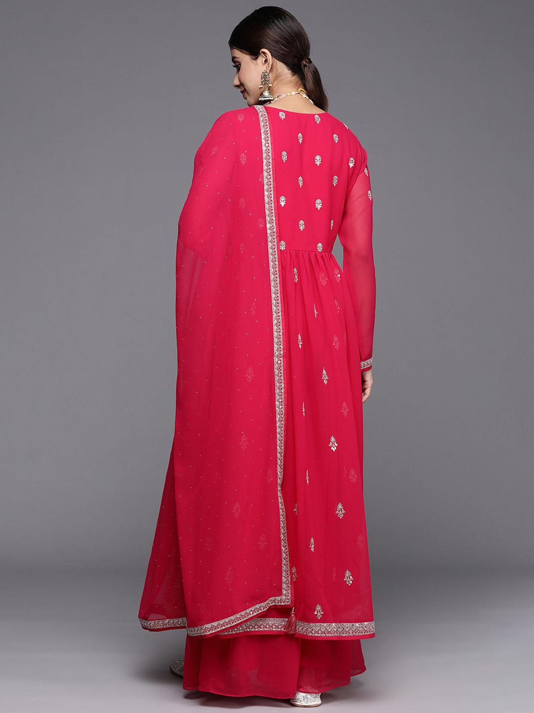 Hot Pink Embroidered Georgette A-Line Kurta With Palazzos & Dupatta - ShopLibas