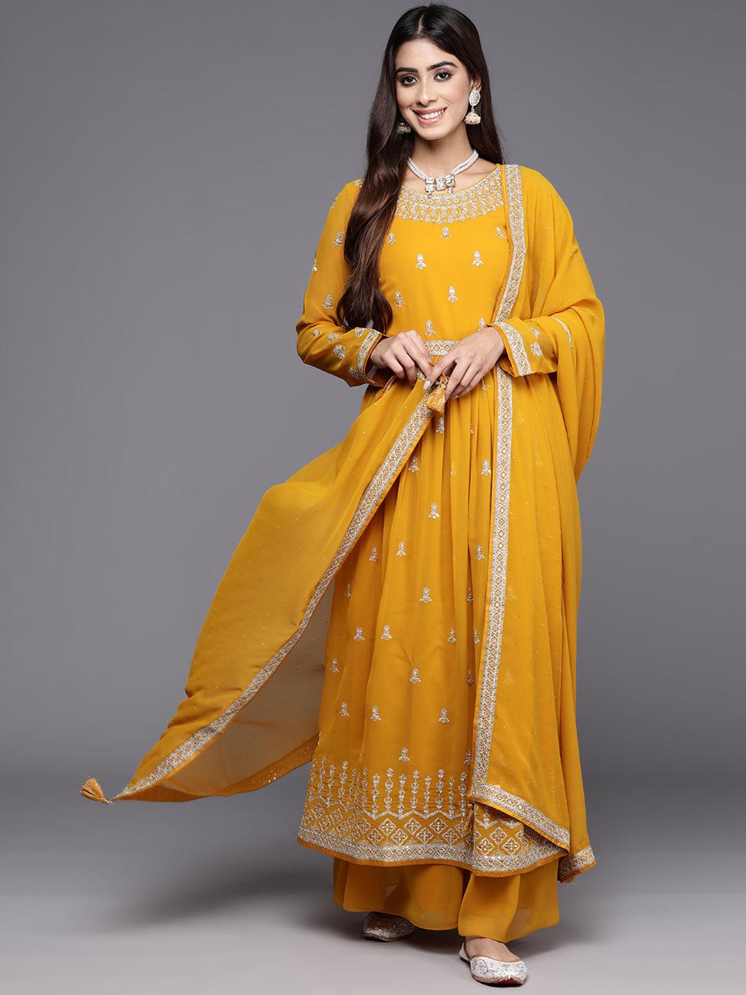 Mustard Embroidered Georgette A-Line Kurta With Palazzos & Dupatta - ShopLibas