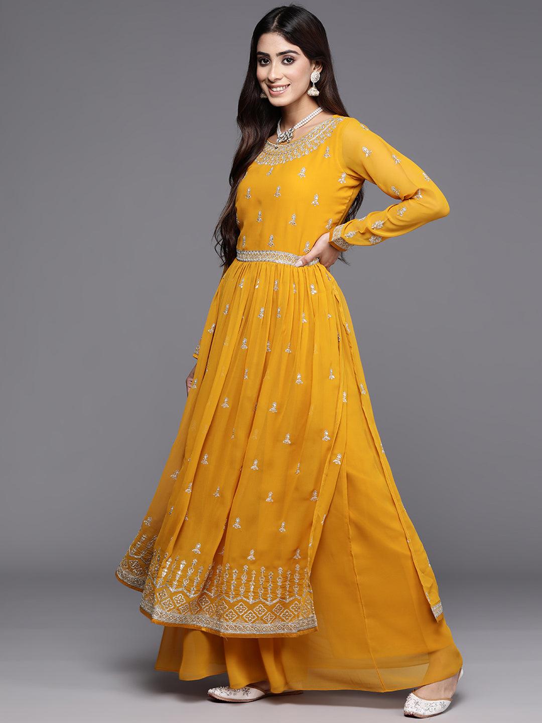 Mustard Embroidered Georgette A-Line Kurta With Palazzos & Dupatta - ShopLibas