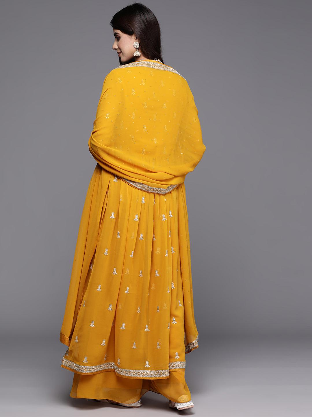 Mustard Embroidered Georgette A-Line Kurta With Palazzos & Dupatta - ShopLibas