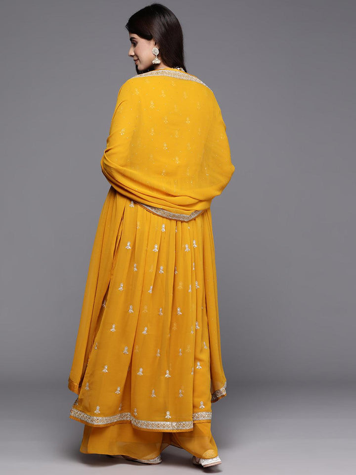 Mustard Embroidered Georgette A-Line Kurta With Palazzos & Dupatta - ShopLibas