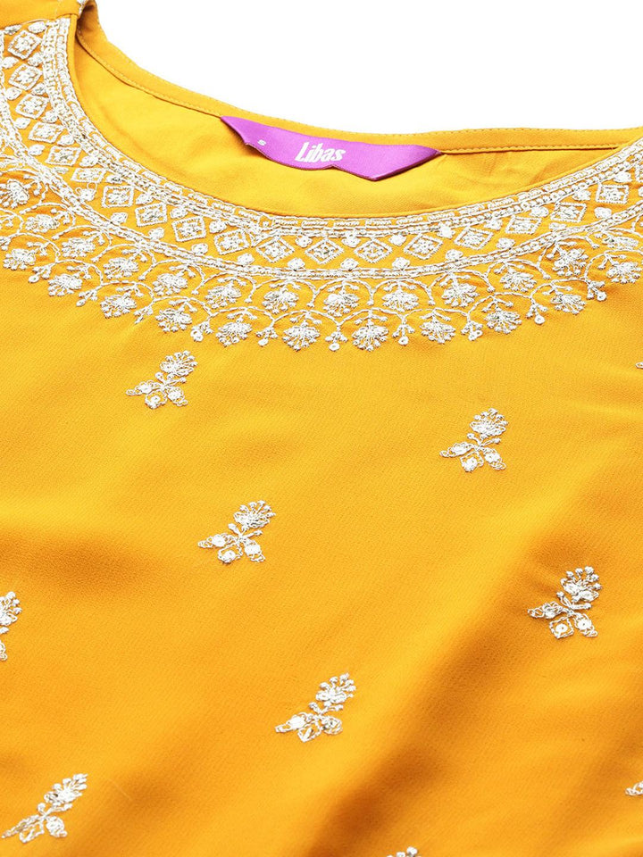 Mustard Embroidered Georgette A-Line Kurta With Palazzos & Dupatta - ShopLibas