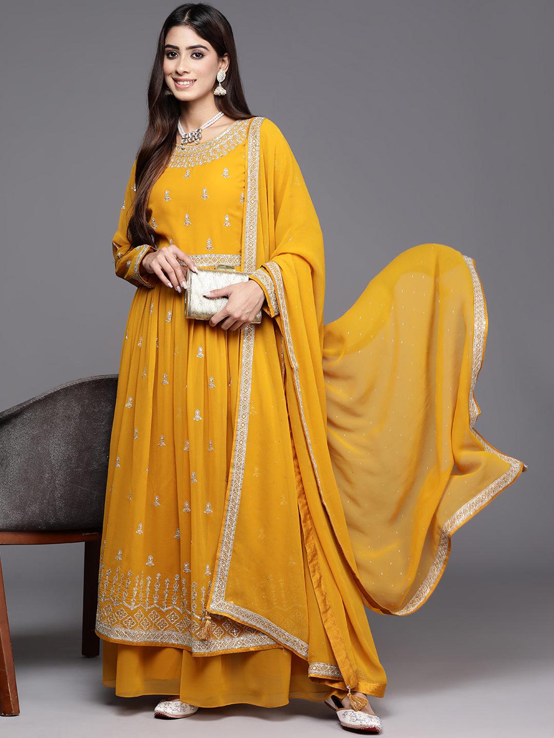 Mustard Embroidered Georgette A-Line Kurta With Palazzos & Dupatta - ShopLibas