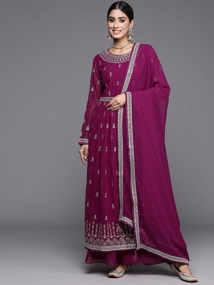 Purple Embroidered Georgette A-Line Kurta With Palazzos & Dupatta - ShopLibas