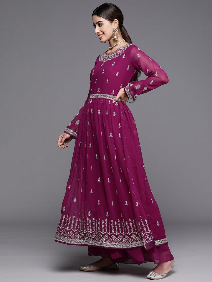 Purple Embroidered Georgette A-Line Kurta With Palazzos & Dupatta - ShopLibas