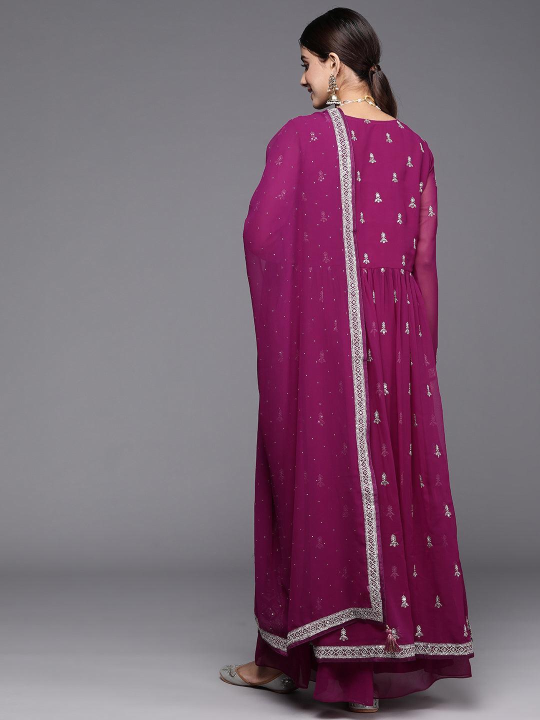 Purple Embroidered Georgette A-Line Kurta With Palazzos & Dupatta - ShopLibas