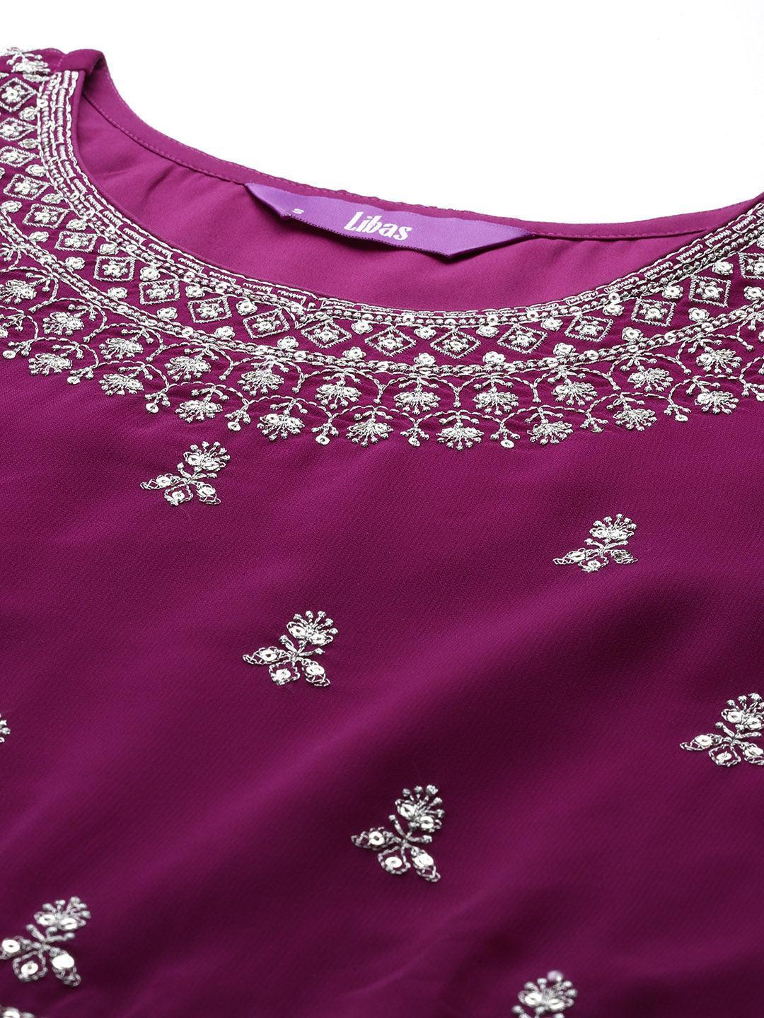 Purple Embroidered Georgette A-Line Kurta With Palazzos & Dupatta - ShopLibas