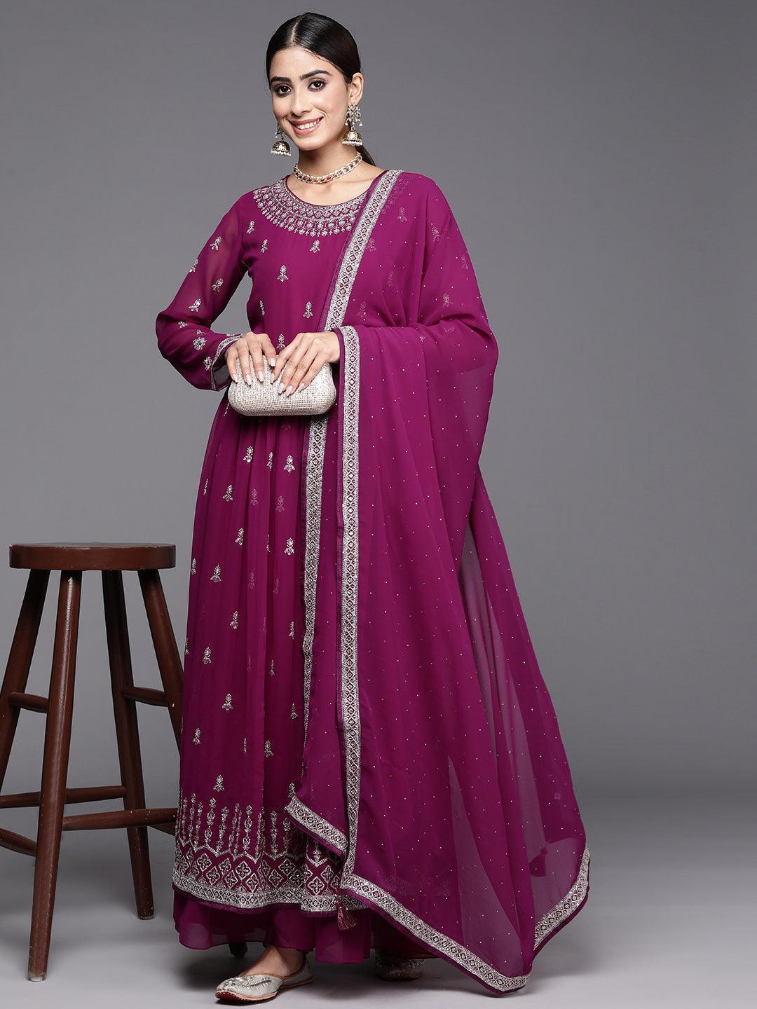 Purple Embroidered Georgette A-Line Kurta With Palazzos & Dupatta - ShopLibas