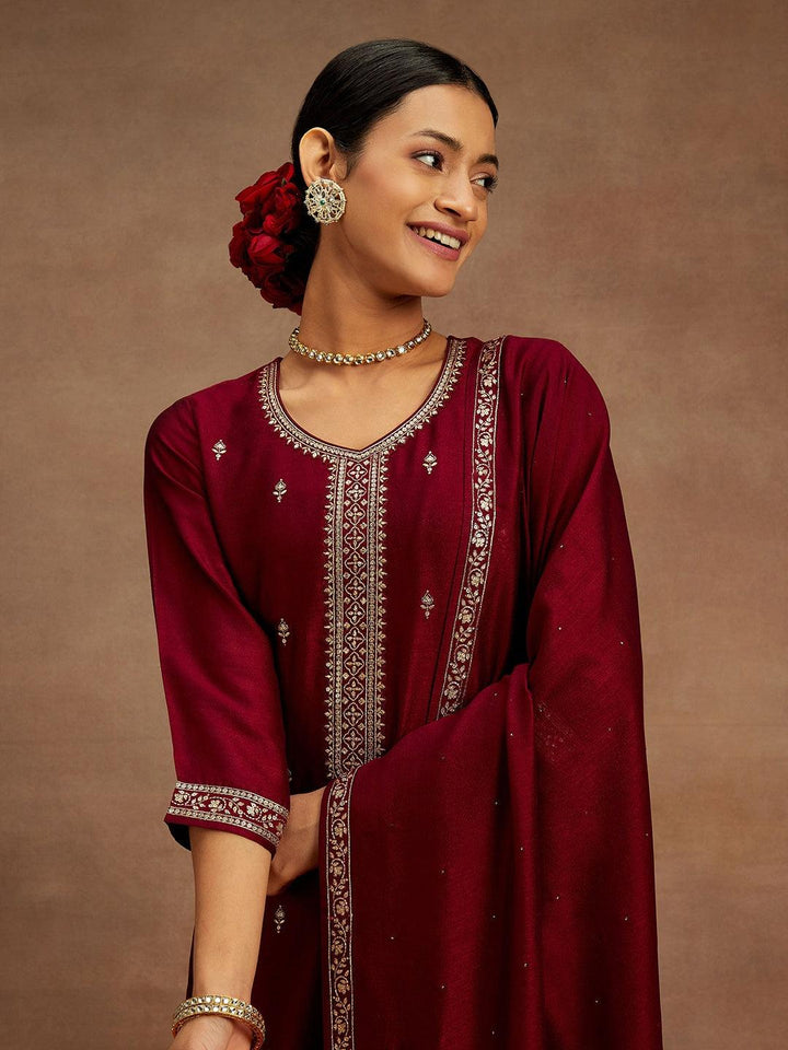 Fuchsia Embroidered Silk Blend Straight Kurta With Palazzos & Dupatta - ShopLibas