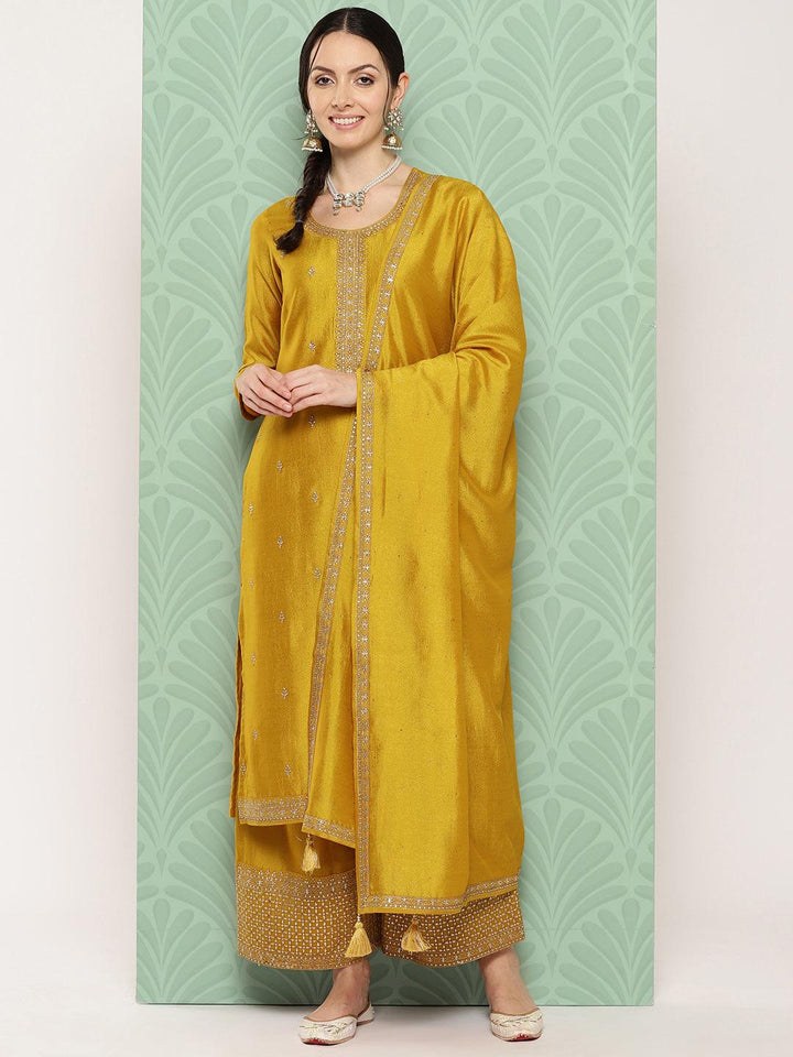 Mustard Embroidered Silk Blend Straight Kurta With Palazzos & Dupatta - ShopLibas