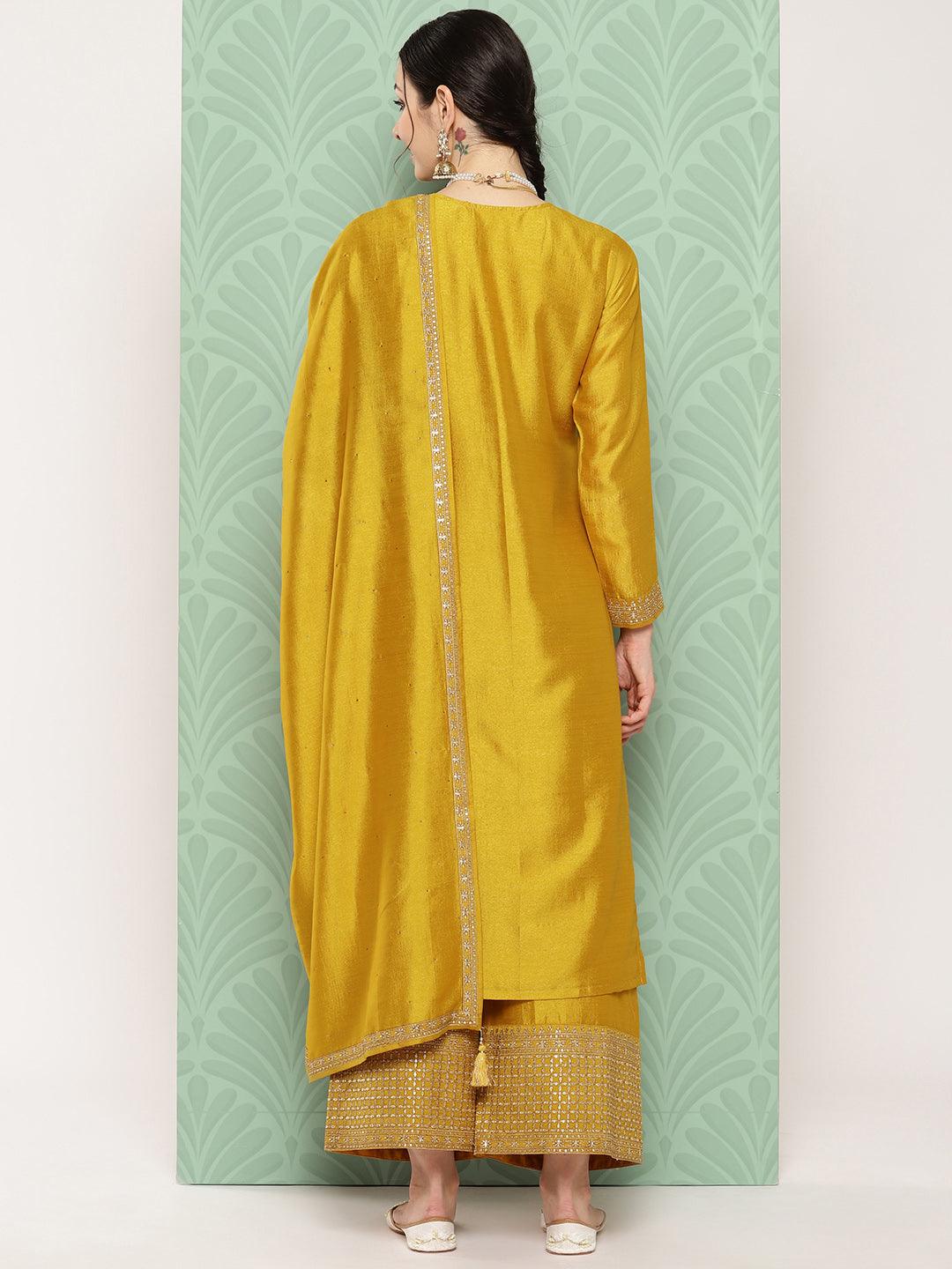 Mustard Embroidered Silk Blend Straight Kurta With Palazzos & Dupatta - ShopLibas