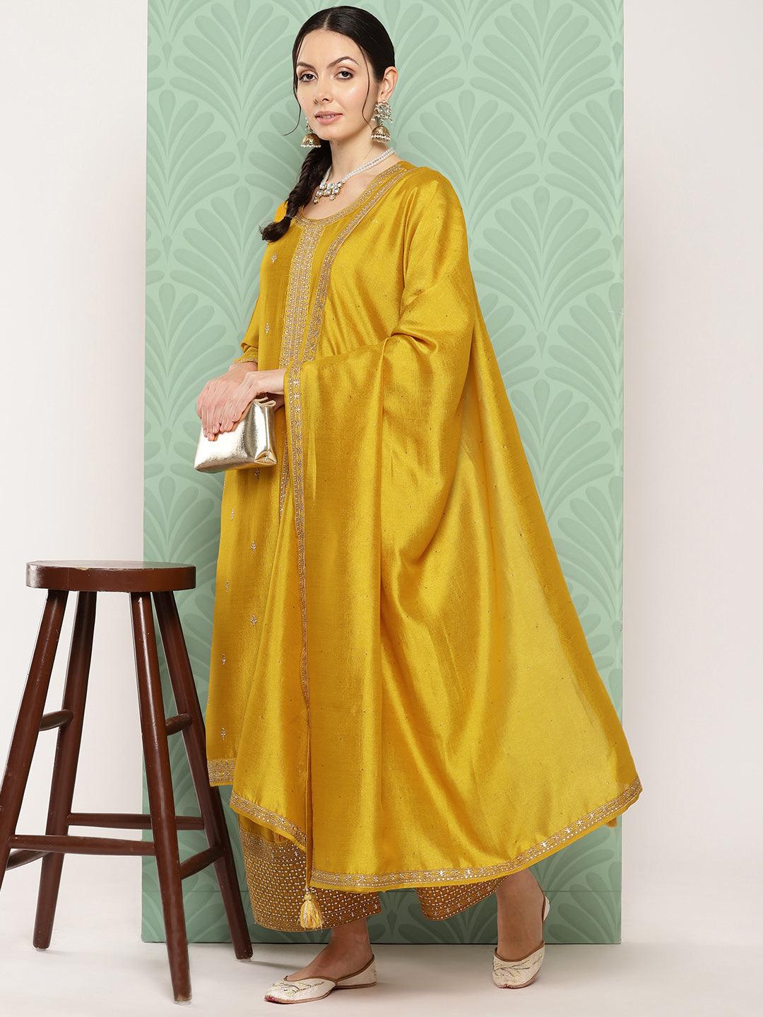 Mustard Embroidered Silk Blend Straight Kurta With Palazzos & Dupatta - ShopLibas