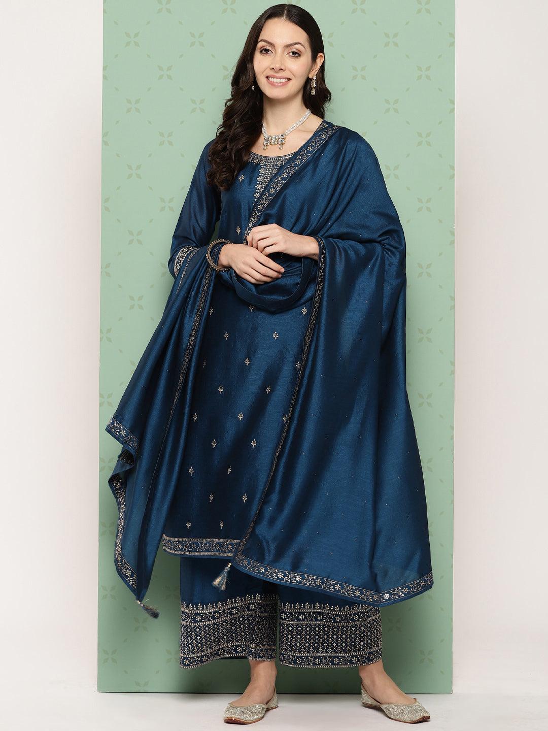 Teal Blue Embroidered Silk Blend Straight Kurta With Palazzos & Dupatta - ShopLibas