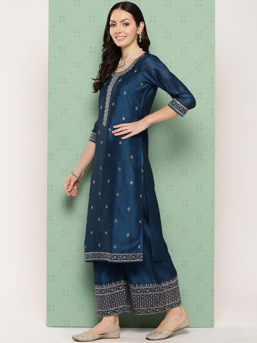 Teal Blue Embroidered Silk Blend Straight Kurta With Palazzos & Dupatta - ShopLibas