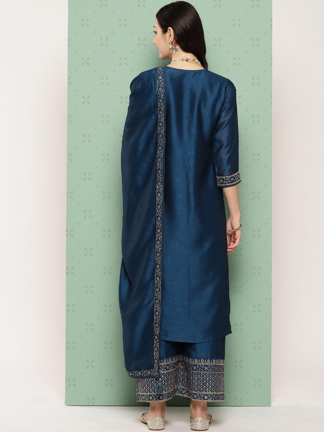 Teal Blue Embroidered Silk Blend Straight Kurta With Palazzos & Dupatta - ShopLibas