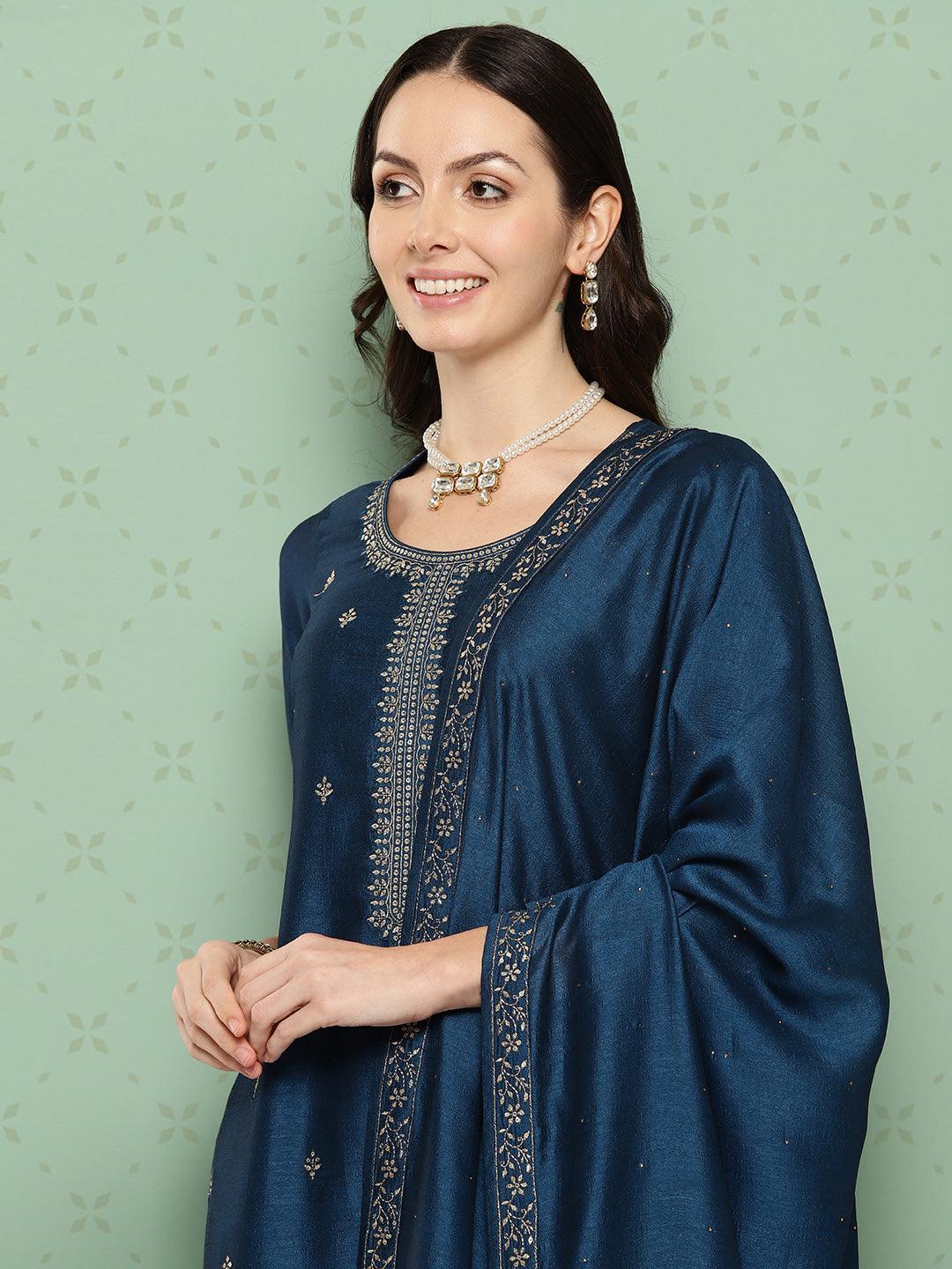 Teal Blue Embroidered Silk Blend Straight Kurta With Palazzos & Dupatta - ShopLibas