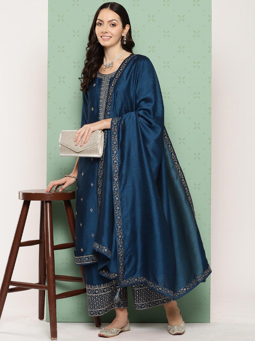 Teal Blue Embroidered Silk Blend Straight Kurta With Palazzos & Dupatta - ShopLibas