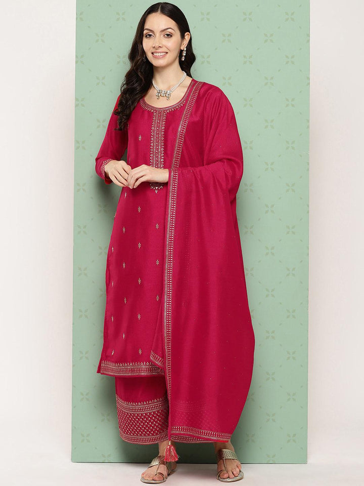 Pink Embroidered Silk Blend Straight Kurta With Palazzos & Dupatta - ShopLibas