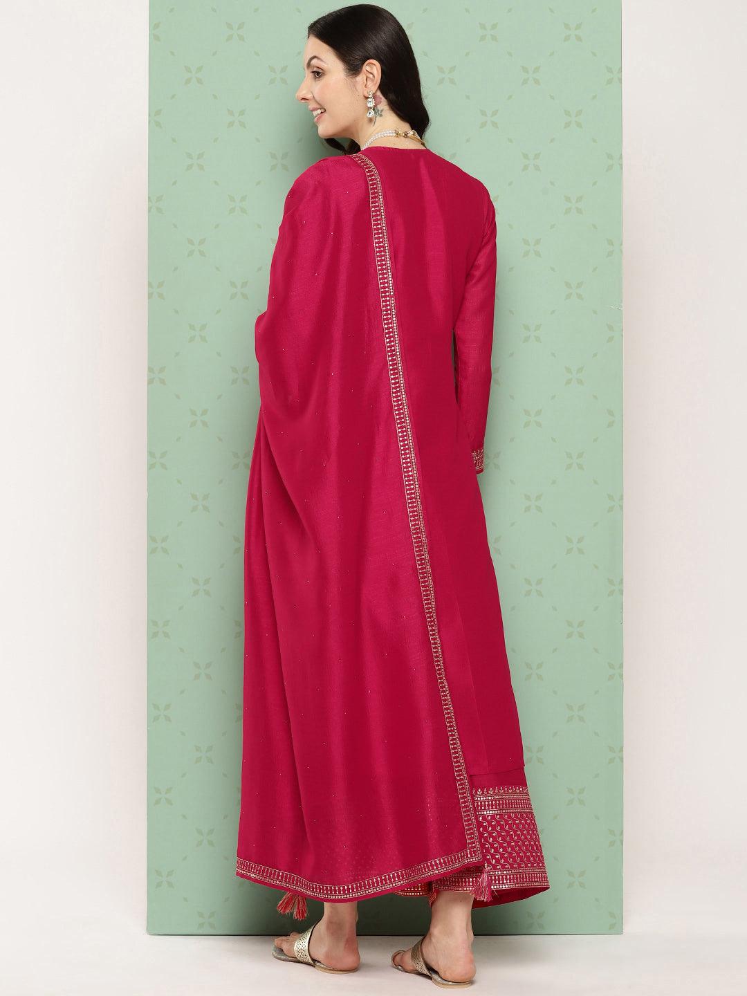 Pink Embroidered Silk Blend Straight Kurta With Palazzos & Dupatta - ShopLibas