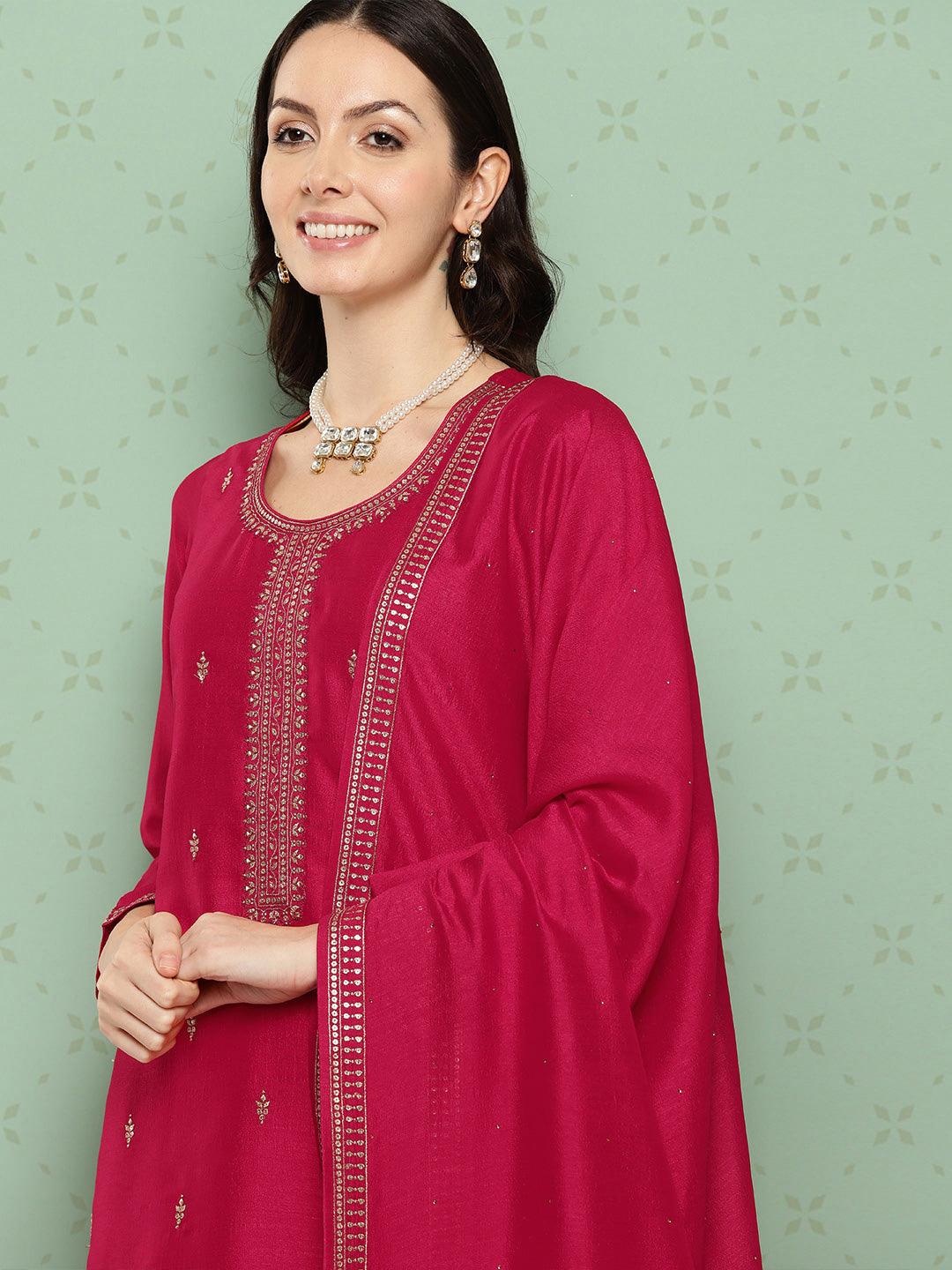 Pink Embroidered Silk Blend Straight Kurta With Palazzos & Dupatta - ShopLibas