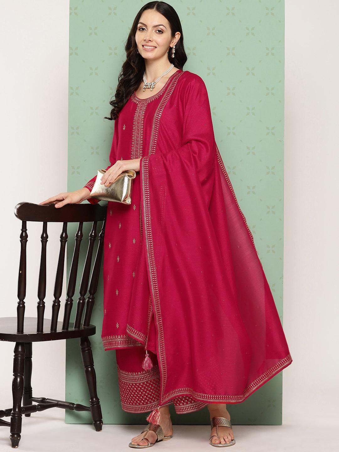 Pink Embroidered Silk Blend Straight Kurta With Palazzos & Dupatta - ShopLibas