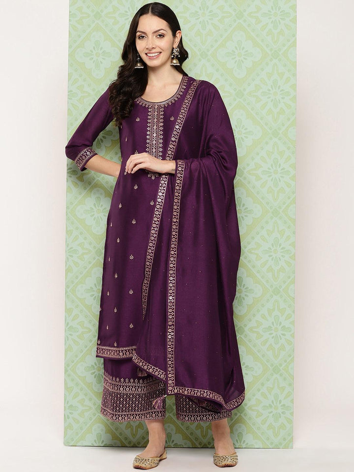 Wine Embroidered Silk Blend Straight Kurta With Palazzos & Dupatta - ShopLibas