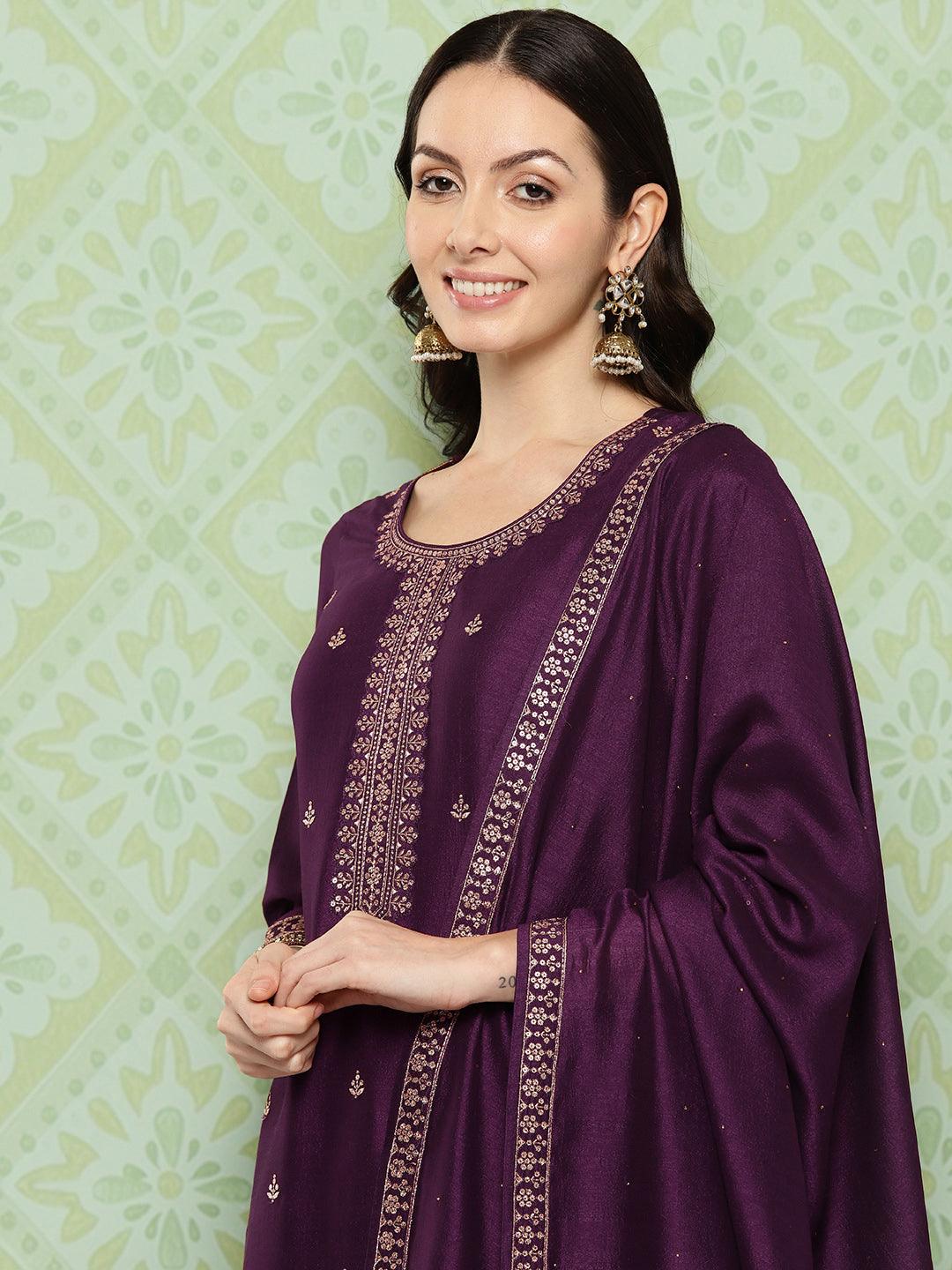 Wine Embroidered Silk Blend Straight Kurta With Palazzos & Dupatta - ShopLibas