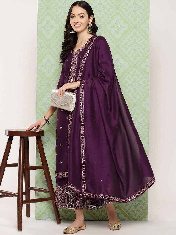 Wine Embroidered Silk Blend Straight Kurta With Palazzos & Dupatta - ShopLibas