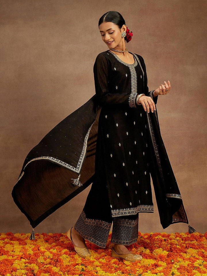 Black Embroidered Silk Blend Straight Kurta With Palazzos & Dupatta - ShopLibas