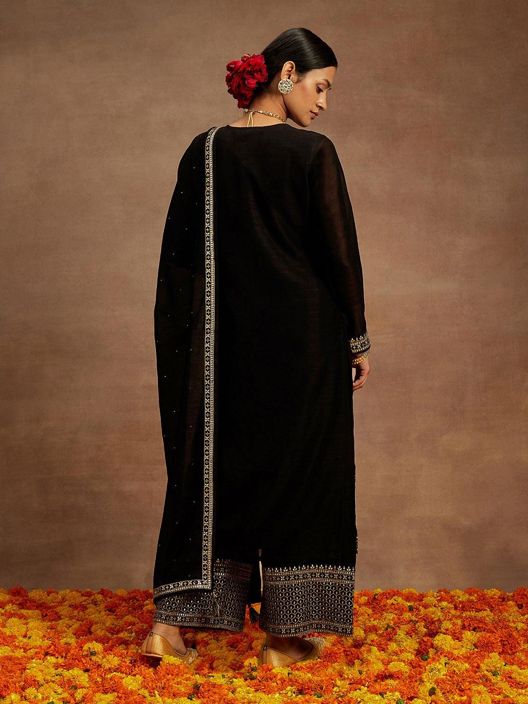 Black Embroidered Silk Blend Straight Kurta With Palazzos & Dupatta - ShopLibas