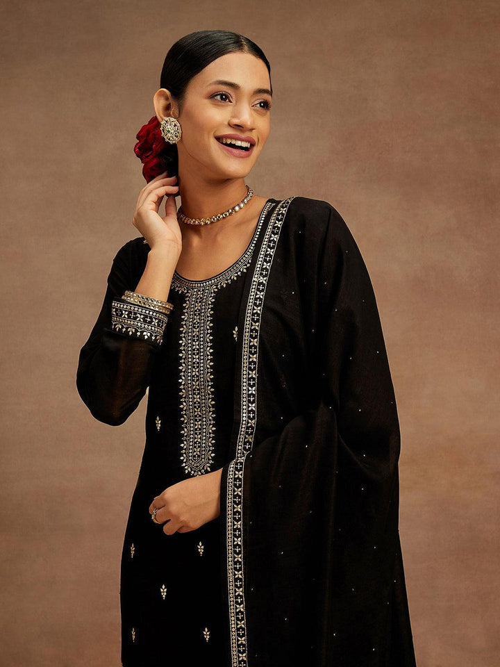 Black Embroidered Silk Blend Straight Kurta With Palazzos & Dupatta - ShopLibas