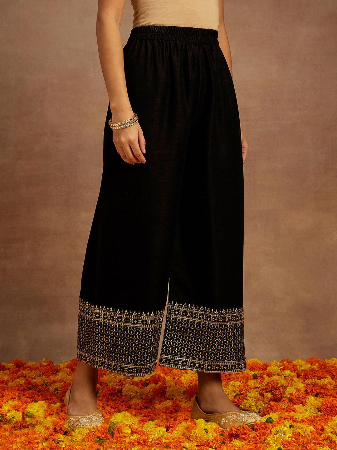 Black Embroidered Silk Blend Straight Kurta With Palazzos & Dupatta - ShopLibas