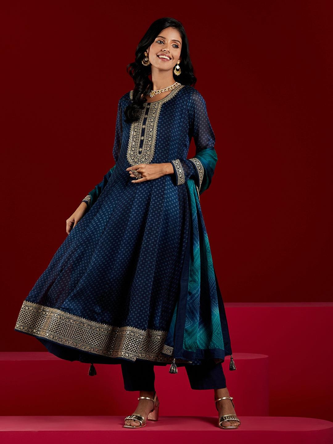 Libas Art Navy Blue Yoke Design Chiffon Anarkali Kurta With Trousers & Dupatta - ShopLibas