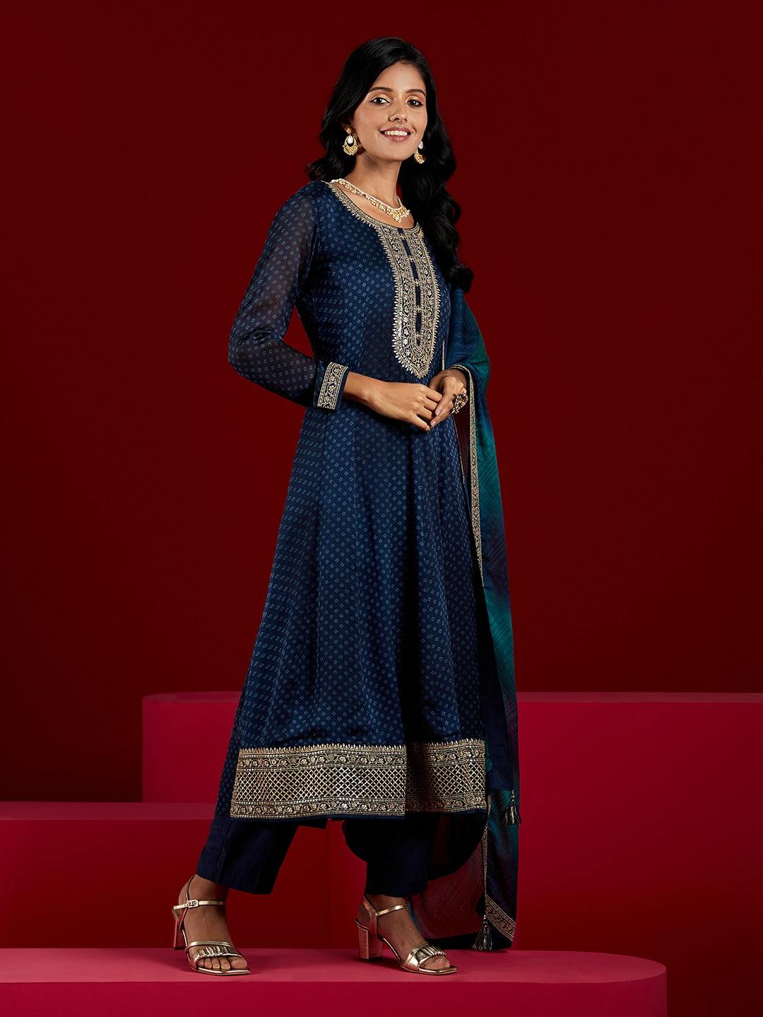 Libas Art Navy Blue Yoke Design Chiffon Anarkali Kurta With Trousers & Dupatta - ShopLibas