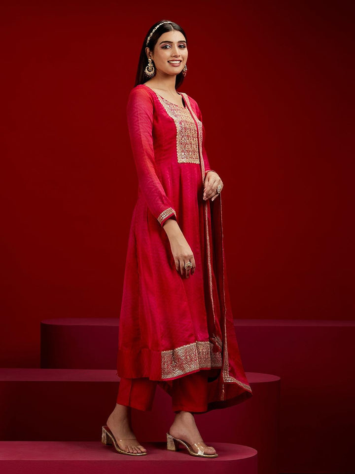 Libas Art Hot Pink Yoke Design Chiffon Anarkali Kurta With Trousers & Dupatta - ShopLibas