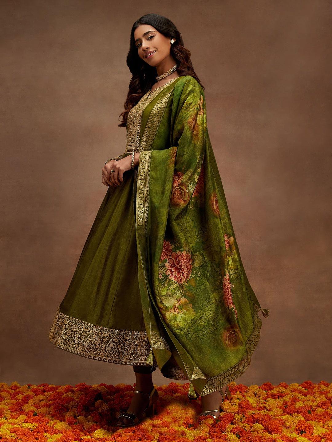 Olive Yoke Design Silk Blend Anarkali Kurta With Trousers & Dupatta - ShopLibas