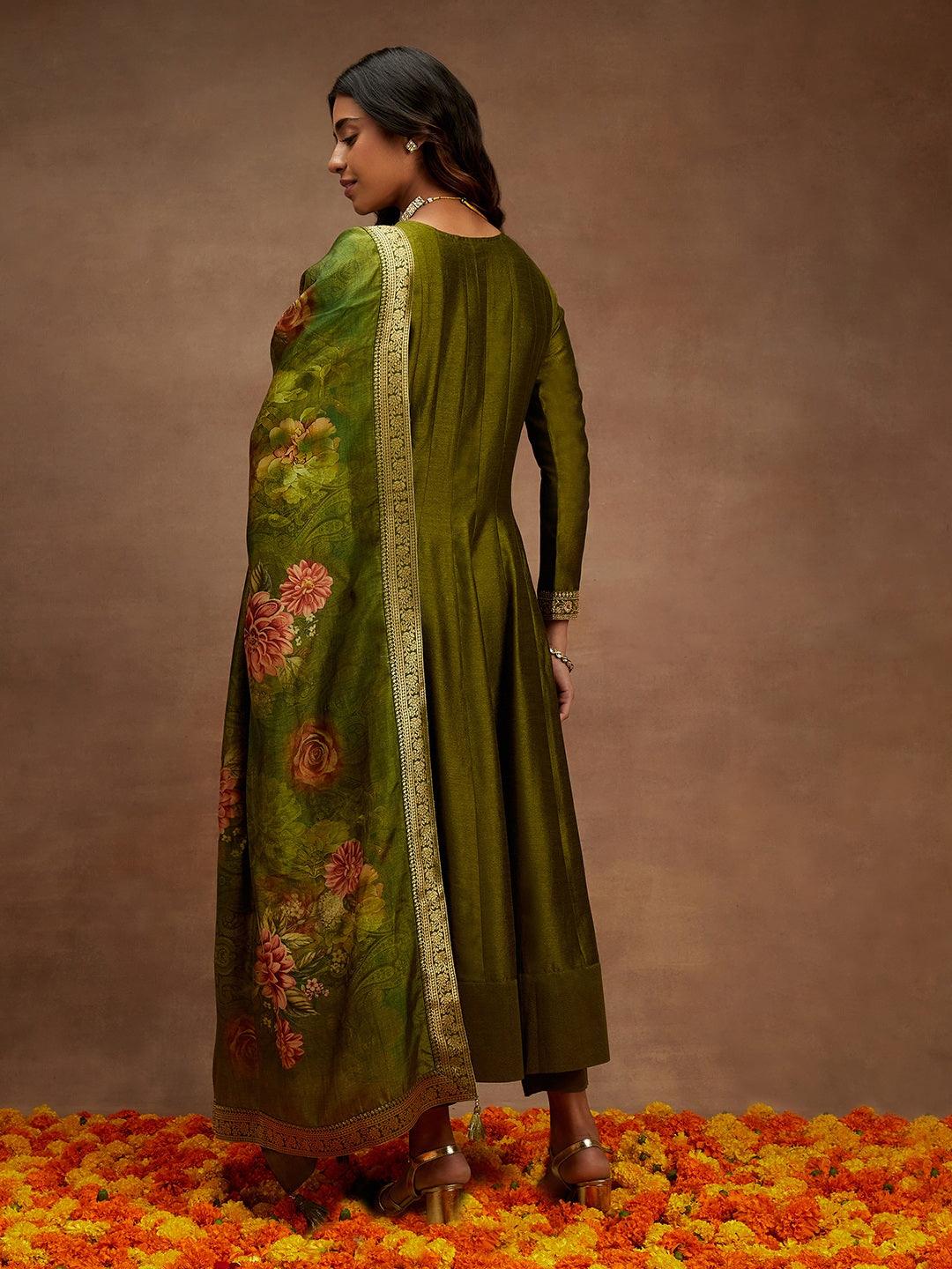 Olive Yoke Design Silk Blend Anarkali Suit With Dupatta