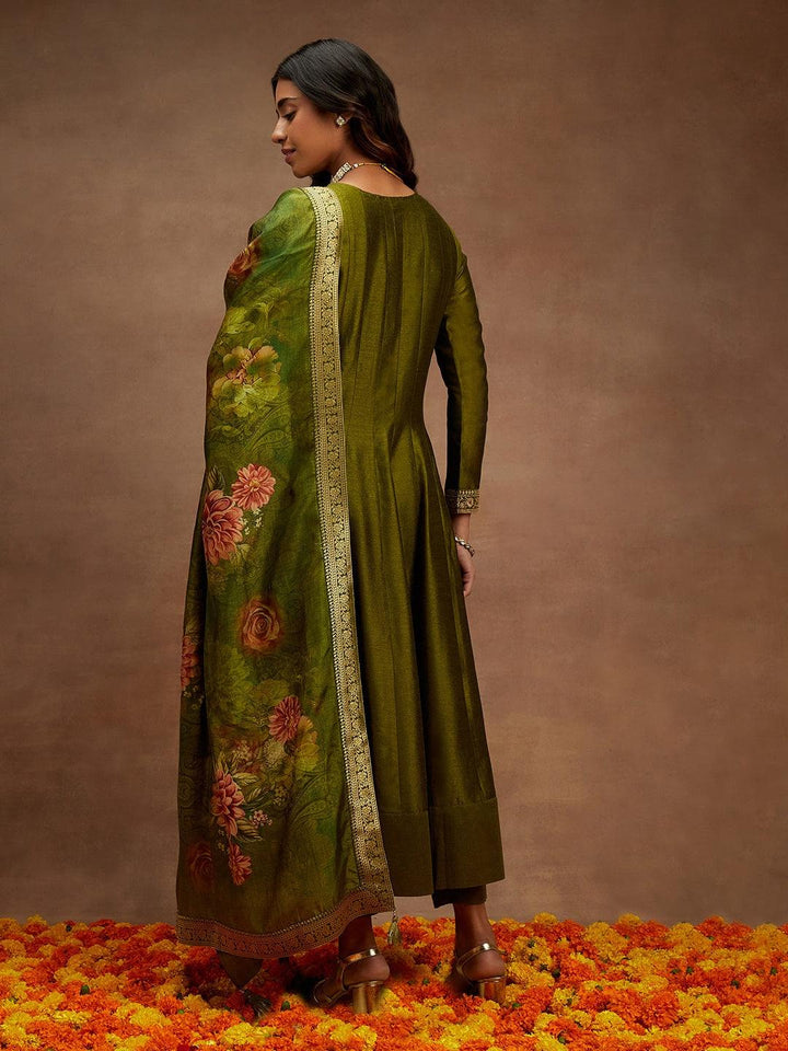 Olive Yoke Design Silk Blend Anarkali Kurta With Trousers & Dupatta - ShopLibas